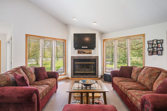 3262 Greenwood Dr, Dewey, IL 61840 - living room with lofted ceiling, a fireplace, and recessed lighting