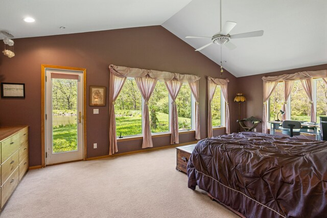 3262 Greenwood Dr, Dewey, IL 61840 - bedroom featuring lofted ceiling, access to exterior, light carpet, recessed lighting, and baseboards