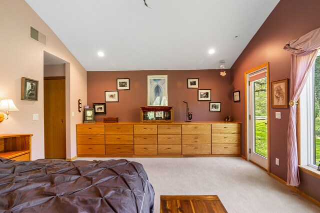 3262 Greenwood Dr, Dewey, IL 61840 - bedroom with vaulted ceiling, access to outside, light colored carpet, baseboards, and recessed lighting