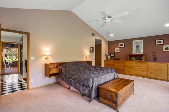 3262 Greenwood Dr, Dewey, IL 61840 - bedroom with light carpet, baseboards, recessed lighting, high vaulted ceiling, and ceiling fan