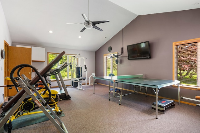 3262 Greenwood Dr, Dewey, IL 61840 - workout area featuring lofted ceiling, ceiling fan, recessed lighting, and baseboards