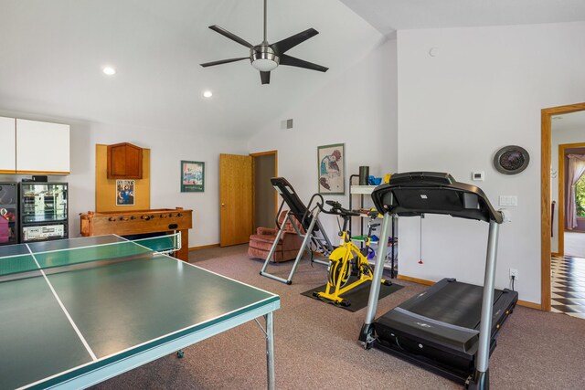 3262 Greenwood Dr, Dewey, IL 61840 - playroom with a ceiling fan, recessed lighting, beverage cooler, high vaulted ceiling, and baseboards