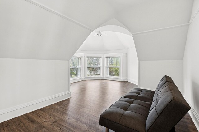 bonus room with lofted ceiling, baseboards, dark wood-type flooring, and ceiling fan