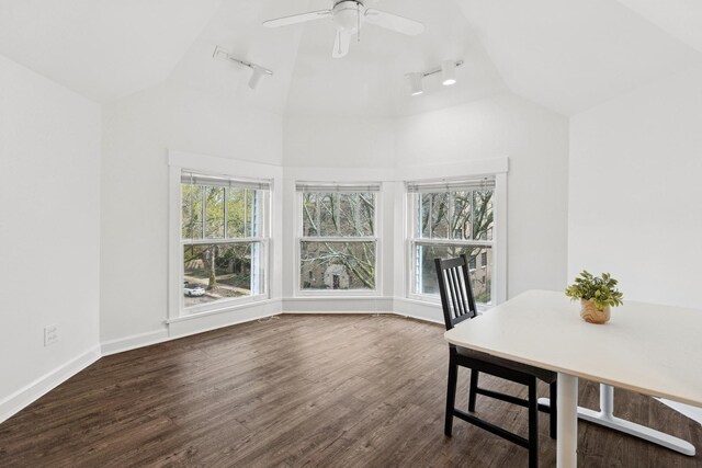dining area featuring rail lighting, wood finished floors, ceiling fan, baseboards, and high vaulted ceiling