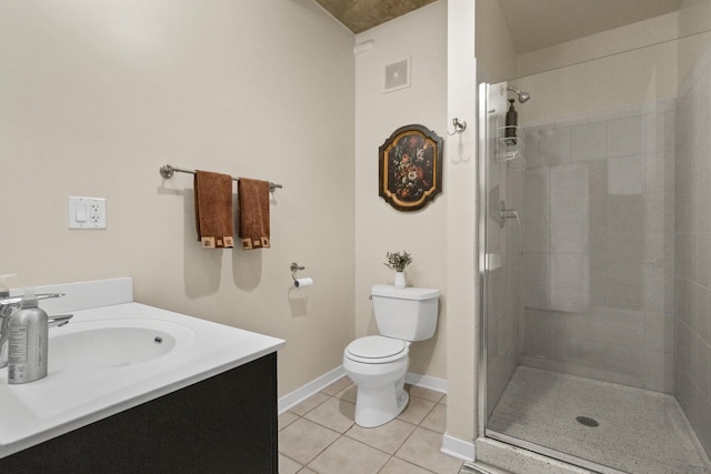 full bath featuring tile patterned flooring, a stall shower, toilet, vanity, and baseboards