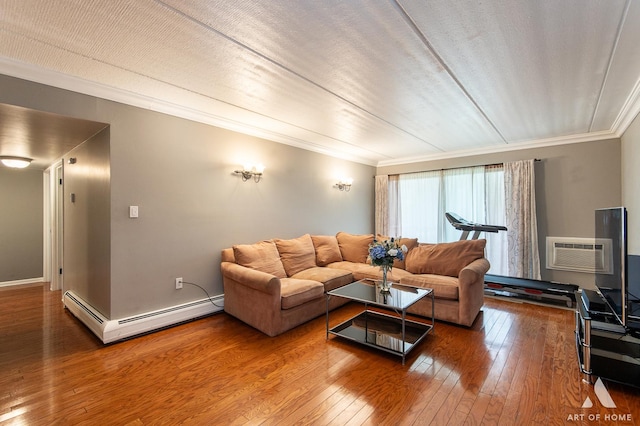 7930 Woodglen Ln Unit 204, Downers Grove, IL 60516 - living area with a baseboard radiator, crown molding, and hardwood / wood-style floors