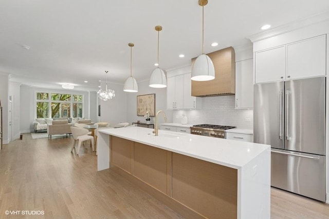 kitchen with appliances with stainless steel finishes, a sink, custom range hood, light wood-style flooring, and recessed lighting