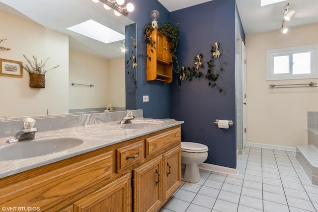 1449 Mesa Dr, Bolingbrook, IL 60490 - full bath featuring a skylight, toilet, tile patterned floors, double vanity, and a bath