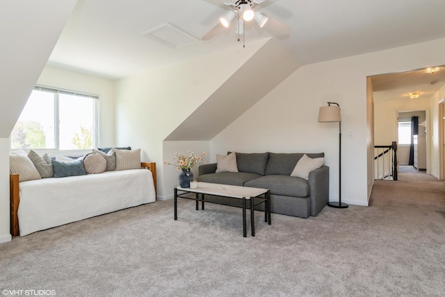 1449 Mesa Dr, Bolingbrook, IL 60490 - carpeted living area with healthy amount of natural light, ceiling fan, attic access, and baseboards