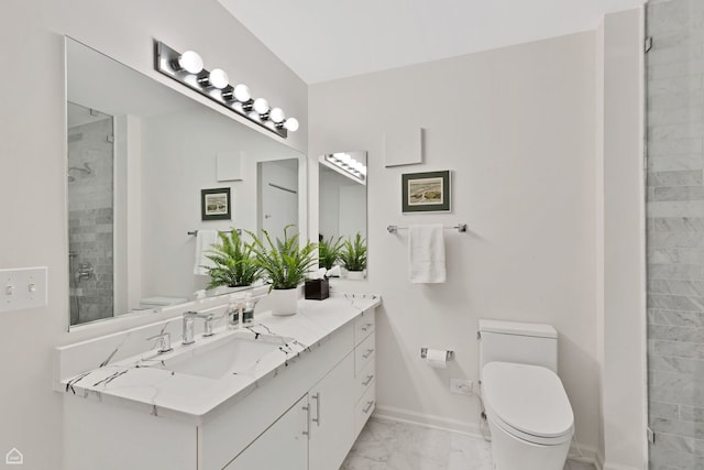 6040 Arbor Ln Unit 102, Northfield, IL 60093 - bathroom featuring toilet, marble finish flooring, a shower stall, baseboards, and double vanity