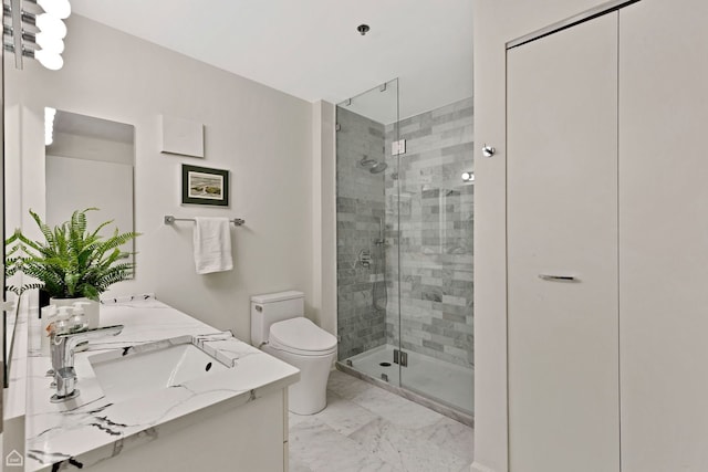 6040 Arbor Ln Unit 102, Northfield, IL 60093 - bathroom featuring marble look tile flooring, toilet, a shower stall, and double vanity