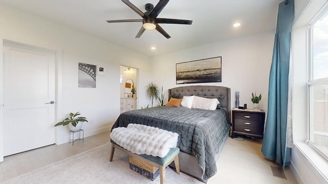 3133 Palmer Dr, Champaign, IL 61822 - bedroom featuring multiple windows, baseboards, recessed lighting, ensuite bath, and ceiling fan