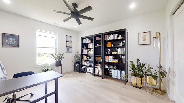 3133 Palmer Dr, Champaign, IL 61822 - home office featuring light wood-type flooring, ceiling fan, recessed lighting, and baseboards
