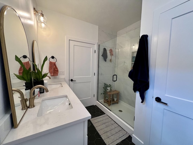 3133 Palmer Dr, Champaign, IL 61822 - bathroom featuring a stall shower, double vanity, and tile patterned flooring