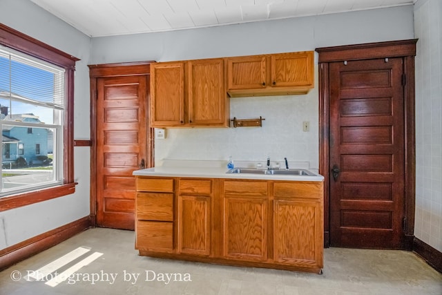 491 S Dearborn Ave, Kankakee, IL 60901 - kitchen featuring a sink, light countertops, brown cabinetry, and baseboards