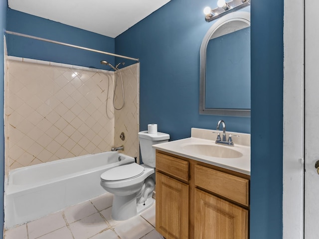 full bathroom with toilet, shower / tub combination, vanity, and tile patterned flooring