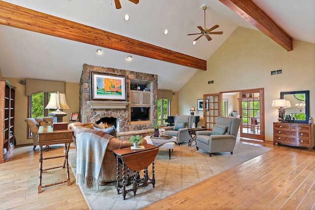 660 Plum Tree Dr, Barrington Hills, IL 60010 - living room featuring a ceiling fan, light wood-type flooring, beamed ceiling, high vaulted ceiling, and a fireplace