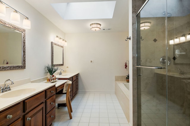 660 Plum Tree Dr, Barrington Hills, IL 60010 - full bath with two vanities, a skylight, a garden tub, tile patterned flooring, and a shower stall