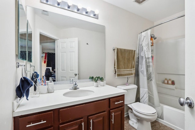 bathroom featuring vanity, toilet, shower / bathtub combination with curtain, and tile patterned flooring