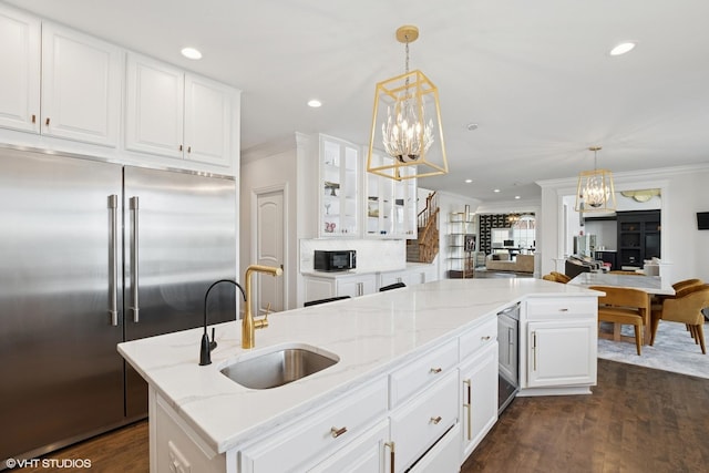 22844 Lakeview Estates Blvd, Frankfort, IL 60423 - kitchen with built in fridge, a sink, a chandelier, crown molding, and recessed lighting