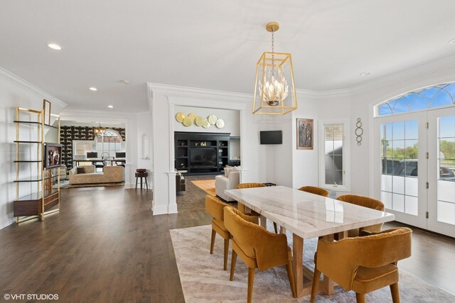 22844 Lakeview Estates Blvd, Frankfort, IL 60423 - dining area featuring a chandelier, ornamental molding, dark wood finished floors, recessed lighting, and french doors