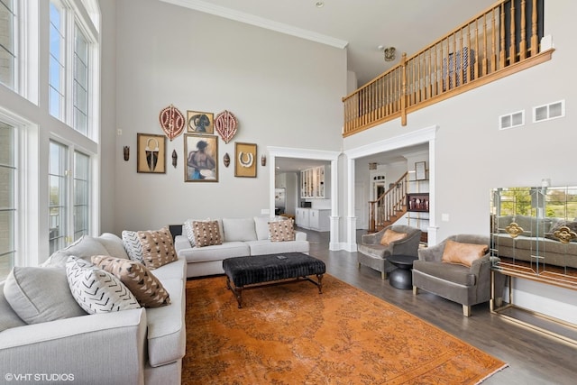 22844 Lakeview Estates Blvd, Frankfort, IL 60423 - living area with a towering ceiling, wood finished floors, plenty of natural light, stairway, and decorative columns