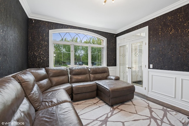 22844 Lakeview Estates Blvd, Frankfort, IL 60423 - living room featuring ornamental molding, wallpapered walls, wood finished floors, and a wainscoted wall