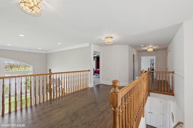 22844 Lakeview Estates Blvd, Frankfort, IL 60423 - corridor with an upstairs landing, wood finished floors, baseboards, recessed lighting, and crown molding