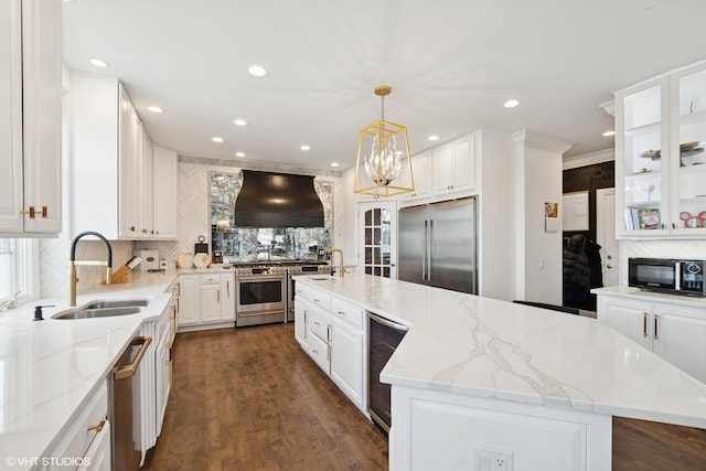 22844 Lakeview Estates Blvd, Frankfort, IL 60423 - kitchen featuring high quality appliances, a sink, custom range hood, wine cooler, and backsplash