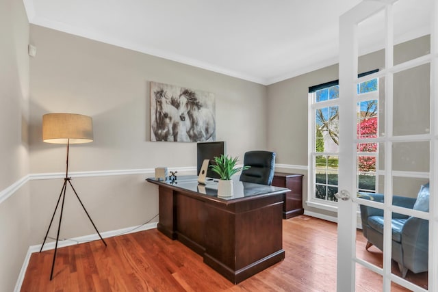 office space with wood finished floors, baseboards, and ornamental molding