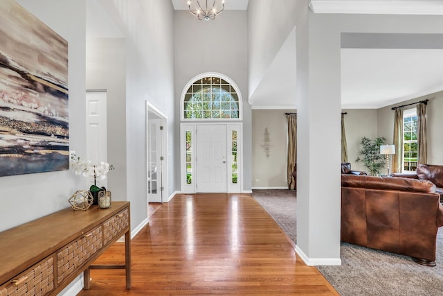 entrance foyer with wood finished floors, a high ceiling, baseboards, and a chandelier