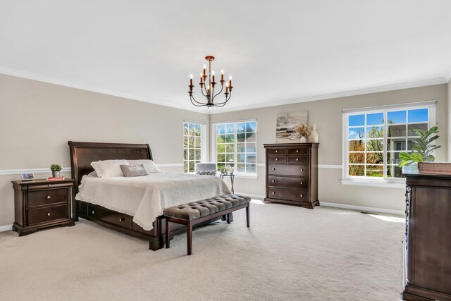 bedroom with ornamental molding, a chandelier, light carpet, and baseboards