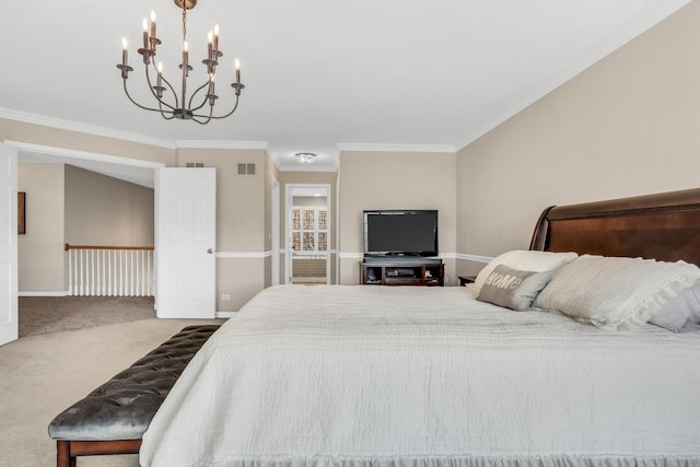 carpeted bedroom with a chandelier, ornamental molding, and baseboards