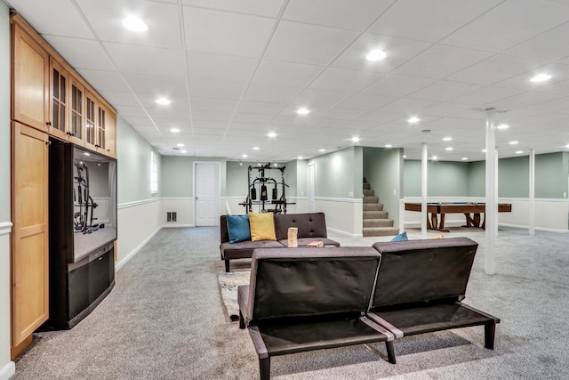 living area featuring carpet, recessed lighting, and baseboards