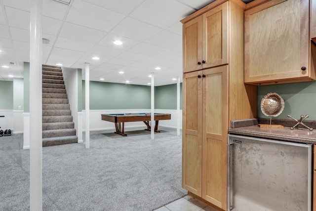 bar featuring light colored carpet, pool table, and stairs