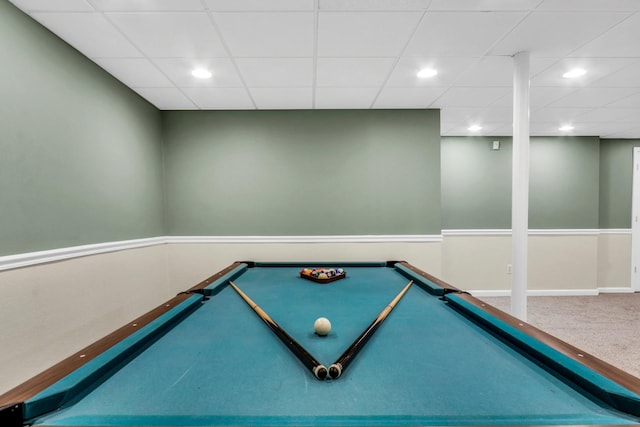 game room featuring carpet flooring, recessed lighting, billiards table, and a drop ceiling