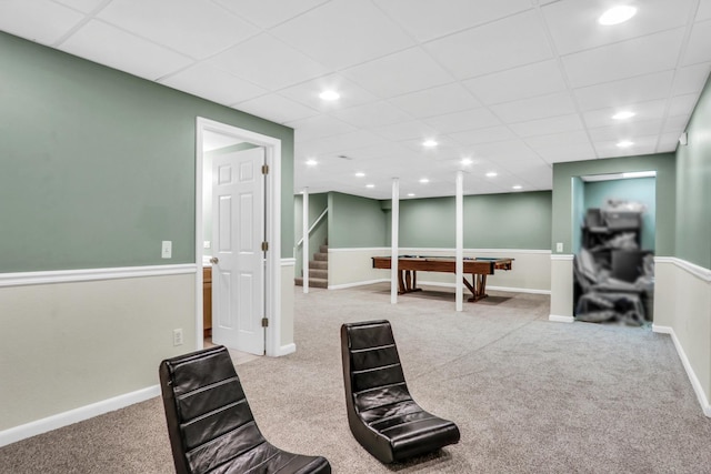workout room featuring carpet, billiards table, a paneled ceiling, and recessed lighting