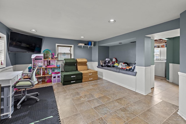 538 W Memory Ln, Addison, IL 60101 - bedroom with washer / clothes dryer, a desk, a wainscoted wall, recessed lighting, and stone finish floors
