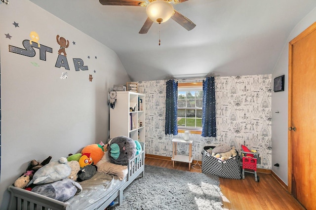 616 Kirk Ave, Elgin, IL 60120 - bedroom with lofted ceiling, wood finished floors, a ceiling fan, and baseboards