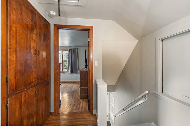 616 Kirk Ave, Elgin, IL 60120 - hallway with an upstairs landing, wood finished floors, lofted ceiling, and baseboards