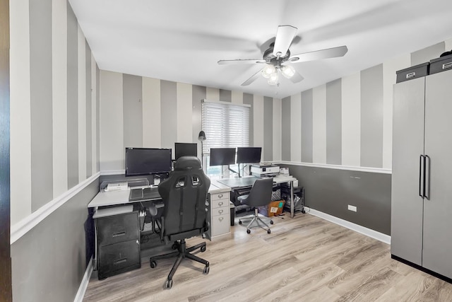 1156 N Fischer Dr, Addison, IL 60101 - office area with wallpapered walls, a ceiling fan, light wood-style flooring, and baseboards