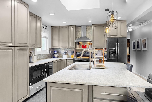 1156 N Fischer Dr, Addison, IL 60101 - kitchen featuring wall chimney range hood, black appliances, gray cabinets, a sink, and recessed lighting
