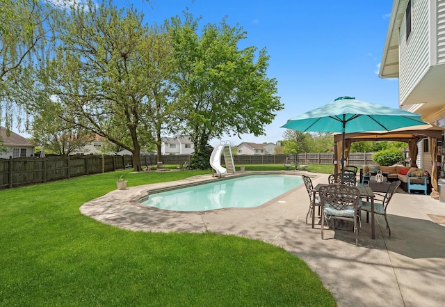 5157 Ribbon Ct, Monee, IL 60449 - view of pool with a water slide, an outdoor living space, a patio area, and a gazebo
