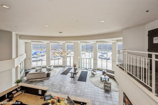 living room with carpet and recessed lighting