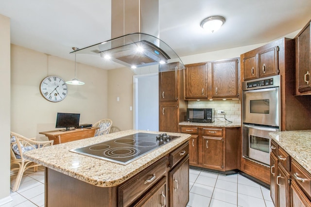 1401 Burr Oak Rd Unit 314B, Hinsdale, IL 60521 - kitchen with black appliances, light tile patterned flooring, backsplash, and island range hood
