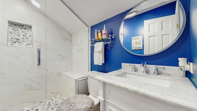 1375 Atkinson Rd, Green Oaks, IL 60048 - full bathroom featuring a stall shower, toilet, vanity, and lofted ceiling