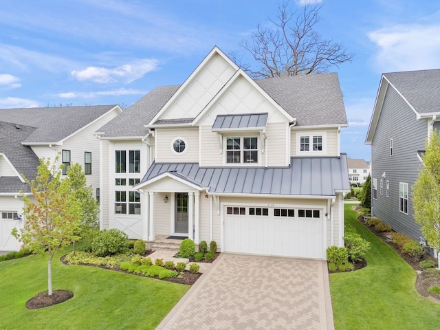 1110 Hickory Dr, Western Springs, IL 60558 - modern farmhouse style home featuring a standing seam roof, a shingled roof, decorative driveway, and a front lawn