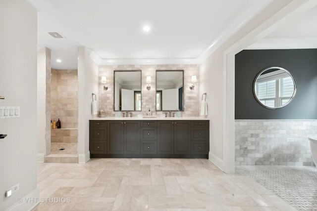 1110 Hickory Dr, Western Springs, IL 60558 - full bath featuring crown molding, double vanity, tiled shower, and tile walls