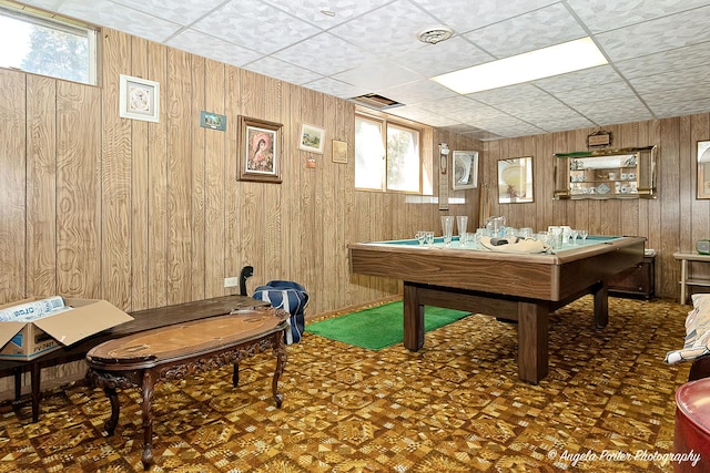 5308 Wonder Woods Dr, Wonder Lake, IL 60097 - game room featuring wood walls, billiards, and a drop ceiling
