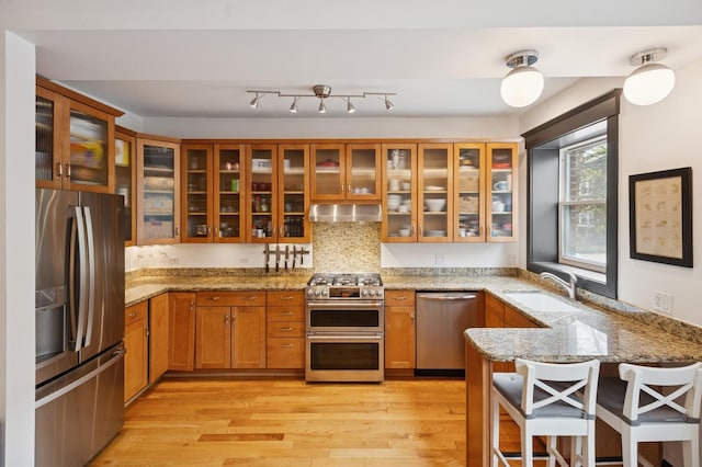 2250 W Argyle St Unit 1, Chicago, IL 60625 - kitchen with stainless steel appliances, ventilation hood, brown cabinetry, a sink, and light stone counters